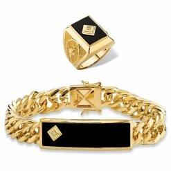 Flash Sale 🛒 PalmBeach Jewelry Men's Genuine Black Onyx And Diamond Accent 2-Piece Ring And Curb-Link Bracelet Set 8" Gold-Plated 🥰
