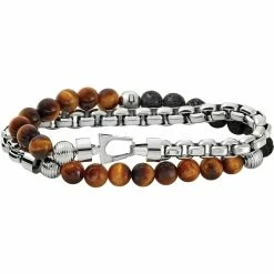 Cheapest ✔️ Bulova Classic Double Wrap Bracelet: Chain, Black Lava And Tiger Eye Beads J96B023 😉