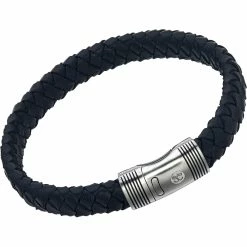 Wholesale ❤️ Esquire Stainless Steel Fine Line Black Leather Bracelet 💯