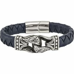 Deals 😍 Chisel Stainless Steel Antiqued And Polished Blue Leather Bracelet ⭐