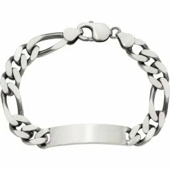 Best Sale 🛒 Other Brands Sterling Silver Engravable Antiqued Figaro Link ID Bracelet ⌛