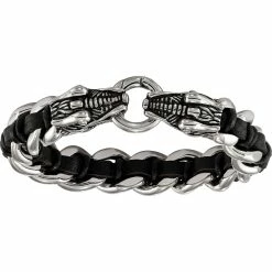 Wholesale ✨ Other Brands Stainless Steel Polished Black Leather Antiqued Dragon Head Bracelet ✨
