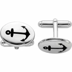 Promo ❤️ Other Brands Sterling Silver Rhodium Plated Black Anchor Enamel Oval Cuff Link 🔔