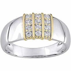 Coupon 🧨 Sofia B. Men's Silver & Yellow Gold 3/8 Ct. TGW Created White Sapphire 3 Row Ring 🌟