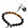 Cheap 👍 Other Brands Stainless Steel Wing & Skull Pendant With 10mm Tiger Eye Agate Bracelet 2 Pc. Set 😍