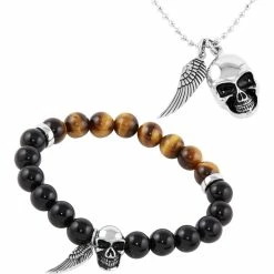 Cheap 👍 Other Brands Stainless Steel Wing & Skull Pendant With 10mm Tiger Eye Agate Bracelet 2 Pc. Set 😍