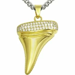 Cheap 🔥 Other Brands Stainless Steel Yellow Ion Plated Shark Tooth With Cubic Zirconia Pendant, 24 In. ⌛