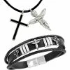 Best deal 😍 Other Brands Stainless Steel Angel & Cross Pendant With Angel Black Leather Bracelet 2 Pc. Set ✨