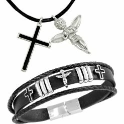 Best deal 😍 Other Brands Stainless Steel Angel & Cross Pendant With Angel Black Leather Bracelet 2 Pc. Set ✨