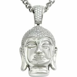 New 😍 Other Brands Stainless Steel Buddha Head With Cubic Zirconia Pendant On Curb Chain 24 In. 🥰