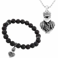 Cheap 😀 Other Brands Stainless Steel Heart Pendant 24 In. Chain & 10mm Lava Bead Bracelet 2 Pc. Set 🎁