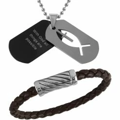 Best Pirce ❤️ Other Brands Stainless Steel With God All Things Are Possible Pendant And Bracelet Set 🧨
