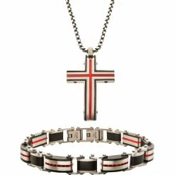 Promo π INOX Men's Steel Black And Red Plated Dante Link Bracelet And Pendant With Chain π
