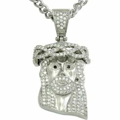 Outlet 👏 Other Brands Stainless Steel Jesus Head With Cubic Zirconia Pendant 24 In. ✔️