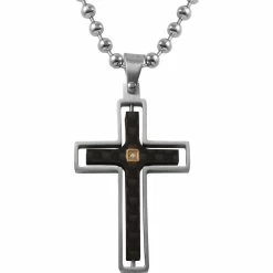 Buy 👏 Other Brands Stainless Steel & True Carbon Fiber With Diamond Accent Cross Pendant 🛒