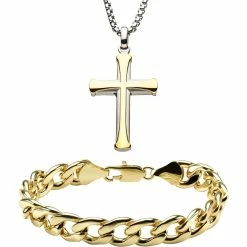 Coupon ⌛ INOX Men's Stainless Steel Yellow Goldtone Cross Pendant And Curb Bracelet Set 😉