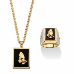 New 🎁 PalmBeach Jewelry Men's Genuine Black Onyx Praying Hands Two-Piece Ring And Necklace Set Gold-Plated 22" 👍