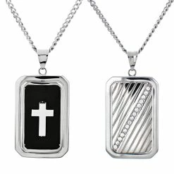 Discount 💯 Other Brands Stainless Steel Reversible Black Ion Plated Cubic Zirconia Cross 🦮 Dog Tag Pendant 👏