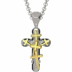 Brand new 💯 Black & Blue Jewelry Stainless Steel Tri Color Diamond Cross Pendant 24 In. ❤️