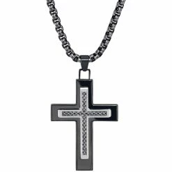 Promo 🛒 Esquire Stainless Steel Black Ion Plated 1/4 CTW Black Diamond Cross Pendant 😍