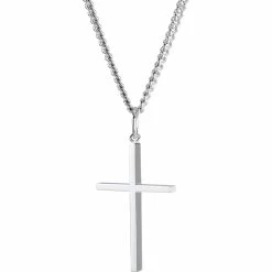 Wholesale 🎁 Other Brands Sterling Silver Polished Stick Cross With Stainless Chain 24 In. 🔔