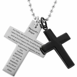 Cheap ❤️ Black & Blue Jewelry Black & Blue Stainless Steel & Black IP Lord's Prayer Double Cross Pendant 24 In. ⌛