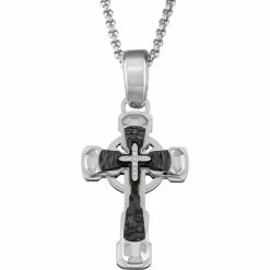 Best Sale ⭐ Black & Blue Jewelry Stainless Steel Carbon Fiber Diamond Cross Pendant 24 In. 😍