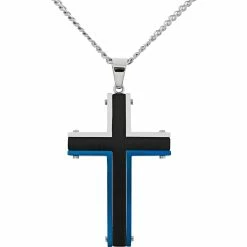 Cheap 👏 Other Brands Stainless Steel Black And Blue Ion Plated Cross Pendant 🥰