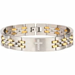 Buy 🎁 INOX Men's Stainless Steel Two Tone With CZ Set Cross In ID Panther Link Bracelet 😉