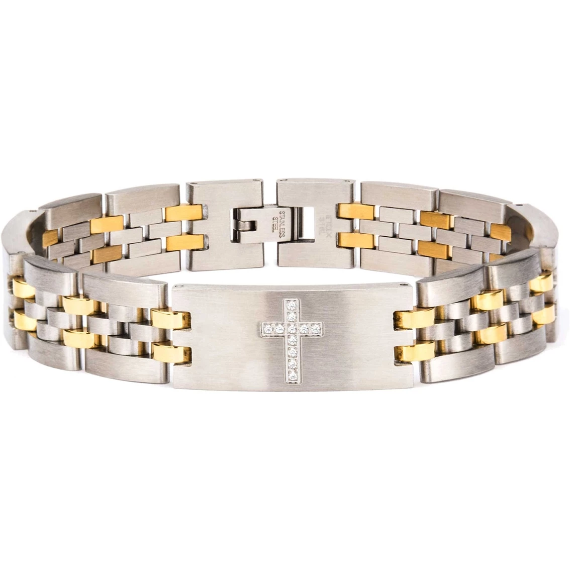 Buy π INOX Men's Stainless Steel Two Tone With CZ Set Cross In ID Panther Link Bracelet π 1 Buy π INOX Men's Stainless Steel Two Tone With CZ Set Cross In ID Panther Link Bracelet π