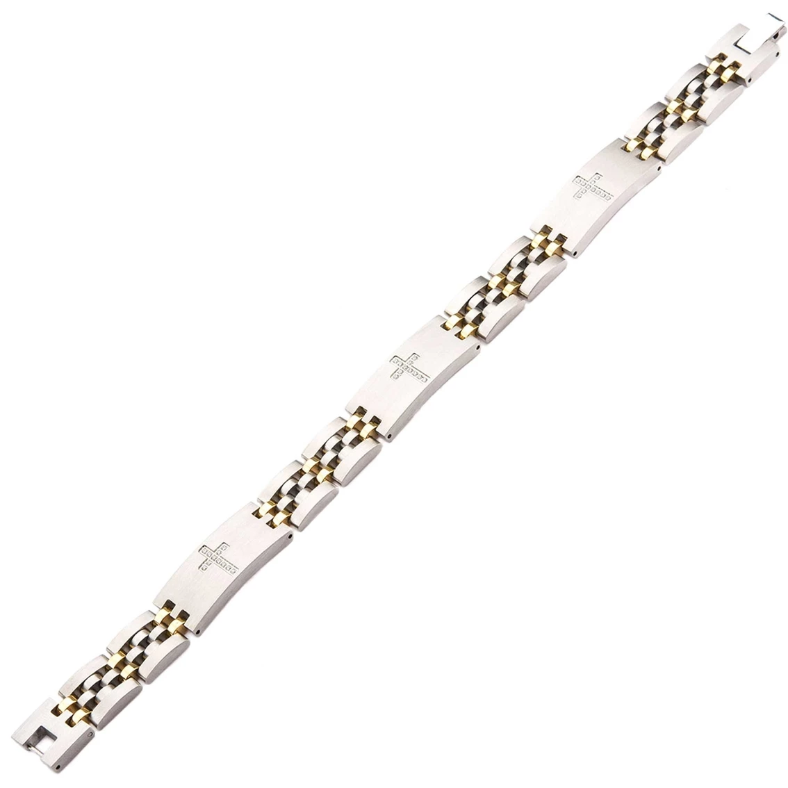 Buy π INOX Men's Stainless Steel Two Tone With CZ Set Cross In ID Panther Link Bracelet π 2 Buy π INOX Men's Stainless Steel Two Tone With CZ Set Cross In ID Panther Link Bracelet π - Image 2