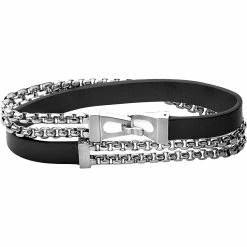 New β Bulova Classic Double Wrap Silver Tone Chain Black Leather Bracelet π