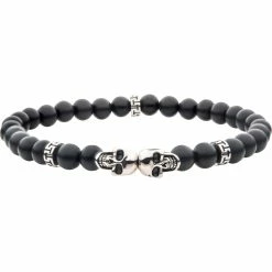 Cheap 😍 Inox Men's Steel Skull Bead Bracelet With Genuine Black Agate Stone Beads 🥰