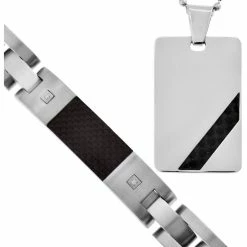 Buy 🧨 Other Brands Stainless Steel And Carbon Fiber Pendant And Bracelet Set With Diamond 💯