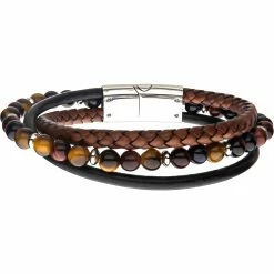 Best deal 🤩 INOX Men's Tiger Eye Beads With Brown Braided And Black Leather Layered Bracelet 🎉