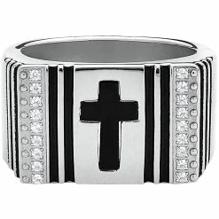 Cheap 👍 Other Brands Stainless Steel Cubic Zirconia Black Ion Plated Cross Ring ✔️
