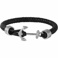 Outlet ❤️ Other Brands Stainless Steel And Black Leather Bracelet With Anchor 🔔