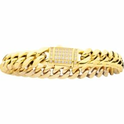 Buy ⌛ INOX 18K Goldtone Miami Cuban Chain Bracelet With Cubic Zirconia 👍