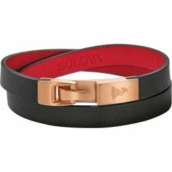 Outlet π Bulova Men's Latin Grammy Double Wrap Bracelet: Black Leather And Rose Gold J97B005 π