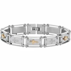 Best Sale 🧨 Other Brands Stainless Steel And Gold Ion Plated Plated Crosses And Cubic Zirconia Bracelet ✔️