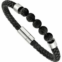 Best Pirce 🌟 Other Brands Stainless Steel Polished Black Leather Lava Stone Bracelet 👏
